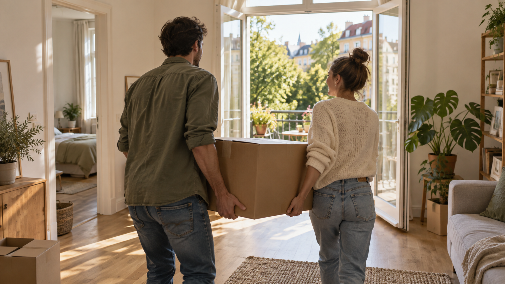 Zwei Menschen tragen eine Umzugsschachtel in eine helle Wohnung