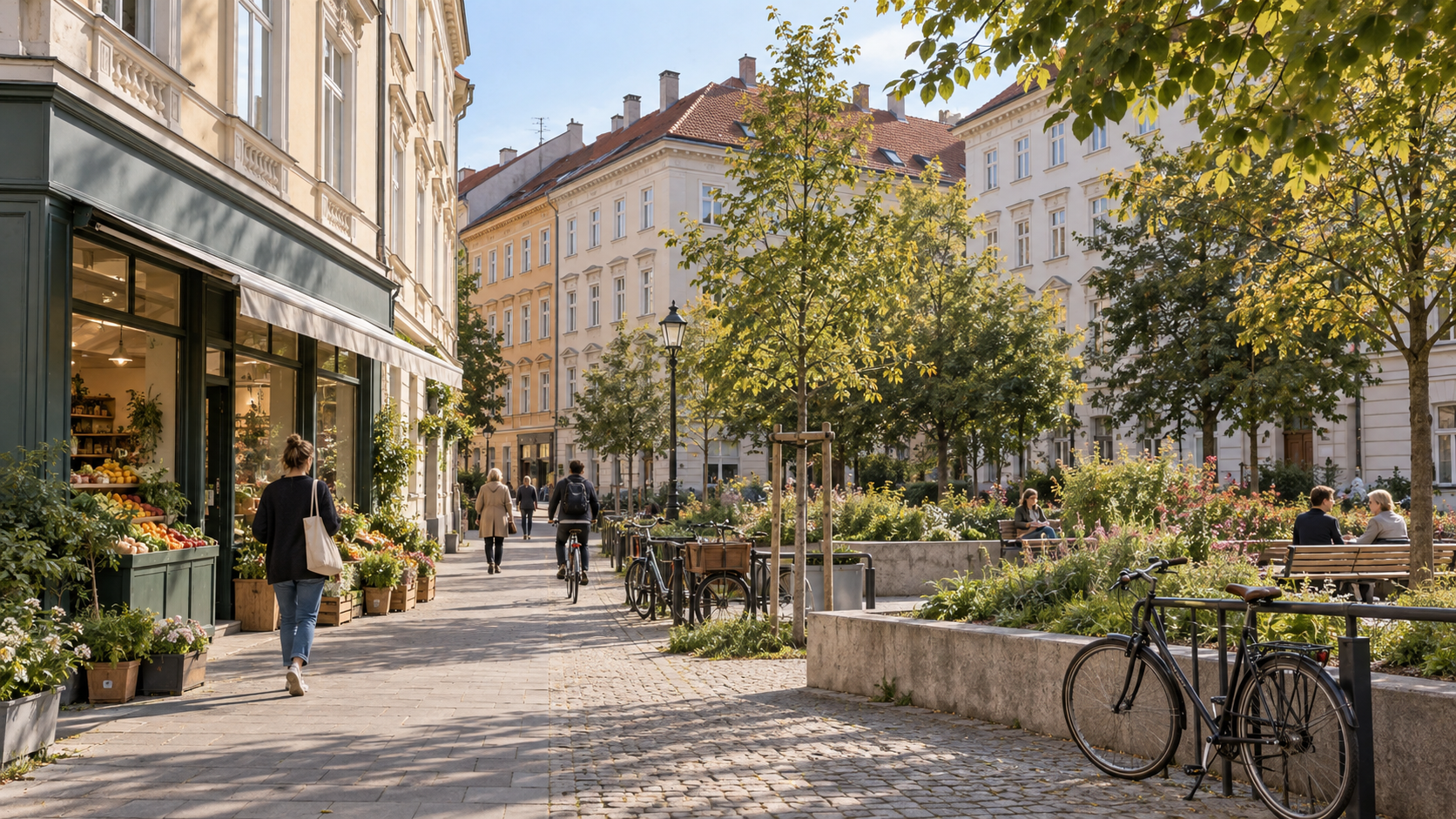 Baumbestandene österreichische Wohnstraße mit Nahversorgung und Grünfläche